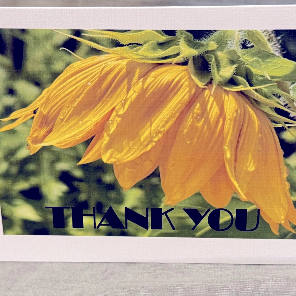 Thank you card made from photo of sunflower after a rain.Thank you on outside.